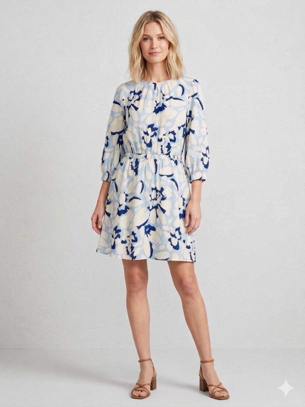 Loft Brushed Daisy blue & white balloon sleeve flare dress, size XS